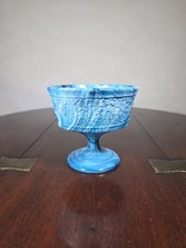 Antique Marbled Blue And White Floral Themed Pedestal Slag Glass Dish C.1880