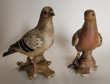 Rare Vintage Pair Hand Made & Painted Matte Porcelain Brown Check Racing Pigeons