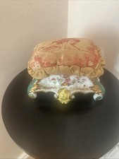 Victorian Era Porcelain Pin Cushion/Hat pin Cushion With Silk Pattern Top 7” W