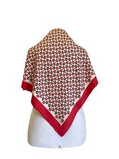 AS3# Gucci Vintage Equestrian Bit Print Silk Scarf Red Brown Ivory Square Italy