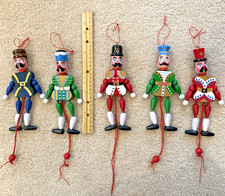 5 Vintage Jumping Jack Wooden Pull-String Soldiers Ornament 8" Hand-Painted