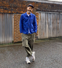 Herringbone French Trouble Jacket 60s Style Bugatti Blue Washed Cotton Twill