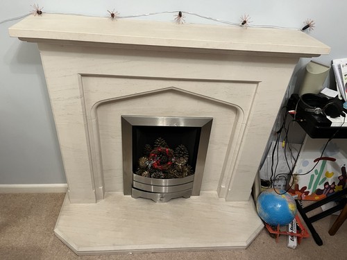 Limestone fireplace used in - limestone, used,