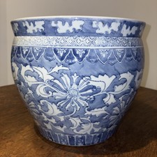 Vintage Chinese Blue White Hand Painted Chinoiserie Fish Bowl Jardiniere (FR)