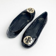 TORY BURCH Black Quinn Quilted Patent Leather Ballerina Flats, Size 8.5