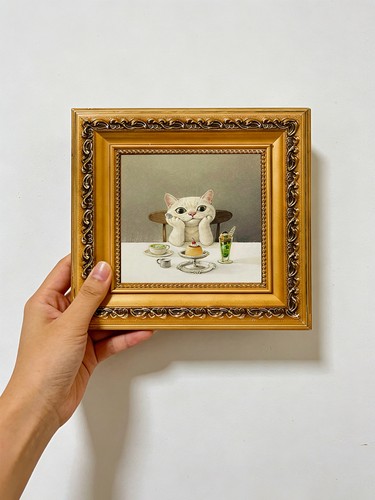White cat waiting - cat, dessert