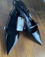 BNWT ZARA BLACK PATENT SLINGBACK LOW HEELS Size 39