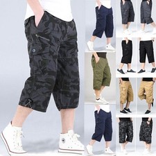 Mens-Multi Pockets Cargo Shorts Elasticated Waist 3/4 Long Length Combat Pants