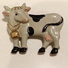 Vintage Kuhn Zinn Pewter Cow Brooch Handpainted Pin German Retro Funky Estate