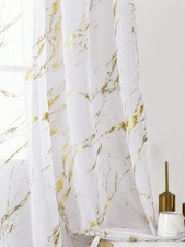 Voile Curtain Gold Silver Foil Printed Marble Design Linen Effect - Single Panel