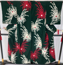 Japanese Vintage Kimono silk green expensive tradition flower Height 59.44in