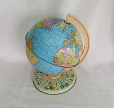 Vintage c1950s colourful tin globe with flags on the base 10" childs educational