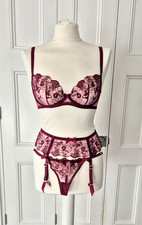 AGENT PROVOCATEUR Jayce Burgundy Lingerie Set Bra 34C Suspender 3 Thong 3 Red
