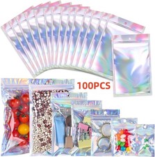 100Pcs Holographic Rainbow Zip Lock Bags Clear Zip Seal Mylar Bags Foil Pouches 