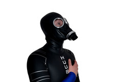 New Black Rubber Gas Mask With Attached Latex Hood