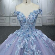 Dusty Blue Quinceanera Dress Off Shoulder Tulle Ball Gown with Appliques
