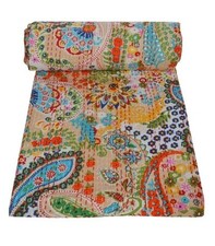 Paisley Print Queen Handmade Kantha Quilt Bedsprad Cotton Gudari Throw