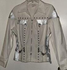 Cache Vintage Off White Silver Studded Leather Trim Lion Head Moto Jacket Sz M
