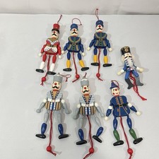 Vintage Wooden Pull String Jumping Jack Christmas ornaments Lot Toy Soldiers 7pc