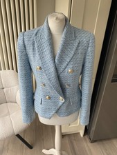 ZARA BLAZER SHORT JACKET BLUE TWEED BOUCLE TEXTURED FITTED SIZE M MEDIUM 10 GOLD