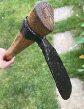 Antique wrought  iron grubbing hoe, hand forged, ash handle