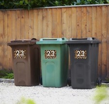 3x Leopard Print Wheelie Bin Stickers Personalised House Number Road Name