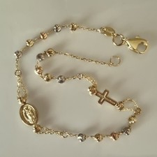 9ct yellow rose and white Gold rosary beads bracelet with Cross & Medal. UNIQUE.