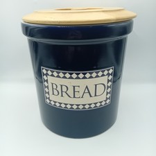 Large Ceramic Bread Crock Bin Wooden Lid Blue Cottagecore Farmhouse Kitchen