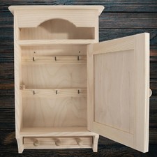 Hanging Wooden Key Cabinet / Plain Unpainted Box / 6 Hooks & 3 Pegs Organiser