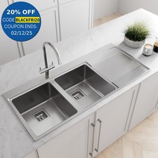 Kitchen Sink 2.0 Double Bowl RH Drainer Stainless Steel Modern Inset Waste Kit