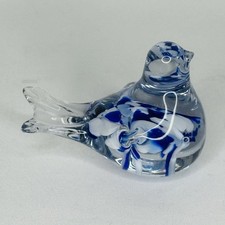 Murano Style Art Glass Bird Blue White Hand Blown Glass Paperweight