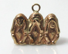 9ct Gold Charm - Vintage 9ct Gold Hollow Three Wise Monkeys (1.3g)
