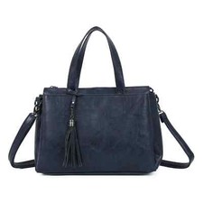 Women's Faux Leather Top Handle Shoulder Bag Long Strap Tassel Tote Handbag