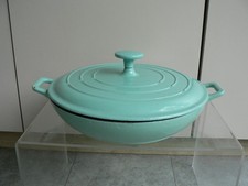 Enamelled Cast Iron Heavy Shallow Casserole Dish with Lid Aqua Blue 31cm