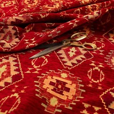 Heavyweight Traditional Kilim Aztec Red Pattern Upholstery Furnishing Fabric