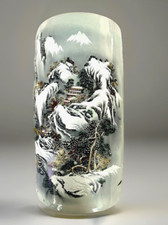 24" Chinese Celadon Porcelain Umbrella Stand Handpainted Winter Mt. Landscape