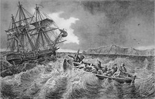 BRETON FISHING BOAT RESCUED BY NEPTUNE - 19th century engraving (F. Perrot)