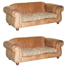 PAIR OF VINTAGE SCOTTISH CASTLE BROWN LEATHER THOMAS LLOYD SOFAS KILIM CUSHIONS
