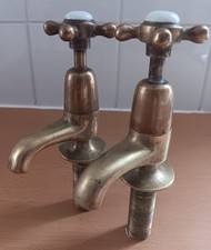 Pair Reclaimed Antique Vintage Solid Brass Basin Taps