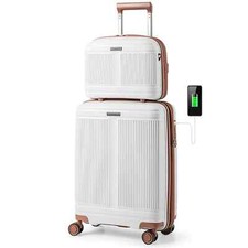 2-Piece Luggage Set 20" Carry-on Suitcase & 14" Cosmetic Case w/ TSA Lock White
