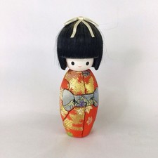 KOKESHI WOOD & MATERIAL BROCADE DOLL VTGE JAPANESE 6” KOSODE KIMONO GIRL EB14JH