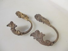 Antique Brass Curtain Tie Backs Hooks French Old Victorian Rococo Leaf Vintage