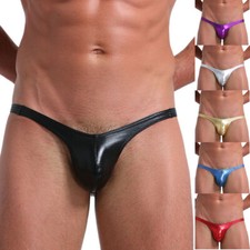 Sexy Men Shiny Faux Leather Cheeky Thong G-string Underwear Pouch LingerieBriefs