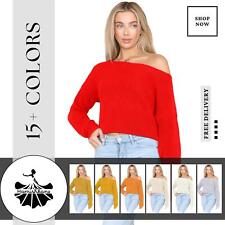 Womens Off Shoulder Jumper Knitted Ladies Slash Neck Oversized Crop Sweater Top