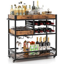 Home Bar Serving Cart 3-Tier Rustic Rolling Bar Cart Mobile Storage Wine Rack