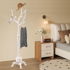 Tree-shaped Rubber Wooden Free Standing Clothes Rack Stand White 180cm/70.87in