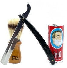 BY MIA Set of Small Wooden Handled Shaving Brush Arko Cream Cut Throat Razor
