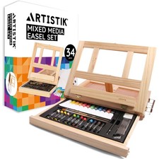 Artistik Mixed Media Easel Art Set – 34-Pc Wooden Desktop Easel Box Paint Set...