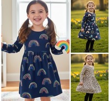 Girls Marks Long Sleeve Dress 100% Cotton Animal Print Navy Rainbow Soft 2-7 YR