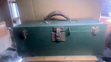 Leather Handle 8 lb Steel Tool Box reinforced corners + tray antique vintage old